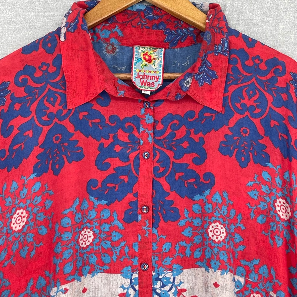 Johnny Was Red Blue Floral Damask 100% Silk Button Down Blouse M Boho Maximalist